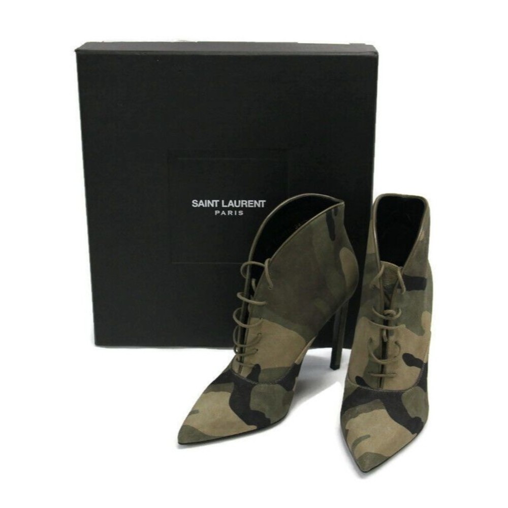 Saint Laurent Boots Pointed Toe CamO High Heel Ankle Booties Size 36 US 5 w BOX
